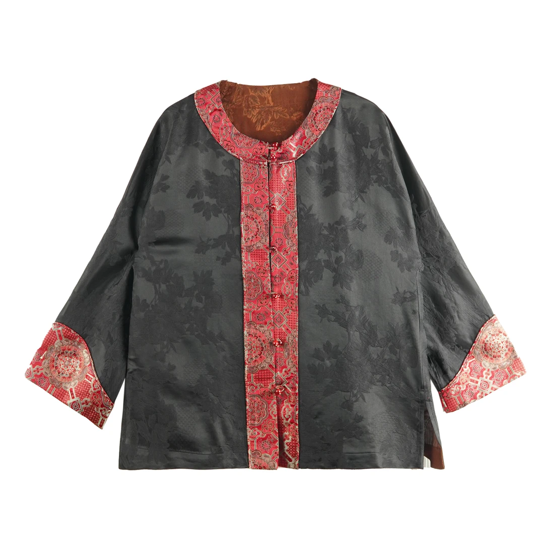 LL 2025新款新中式复古红色宋锦拼接冠乐皱圆领长袖外套24692