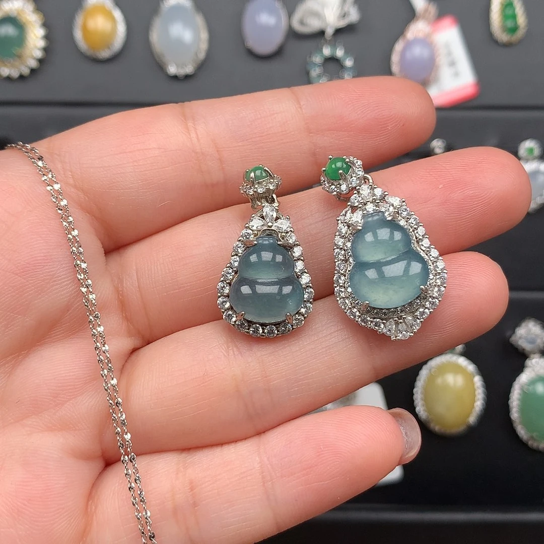 翡翠颈饰银S925镶嵌三条链子925