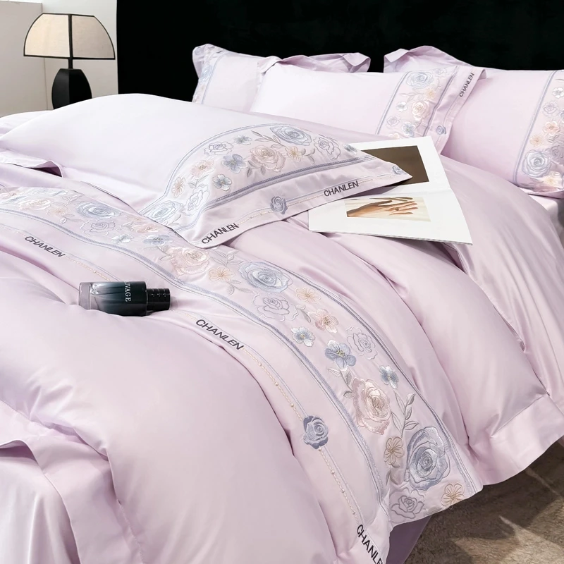 富安娜之花A类200支长绒棉四件套全棉纯棉花卉刺绣被套新款床用品