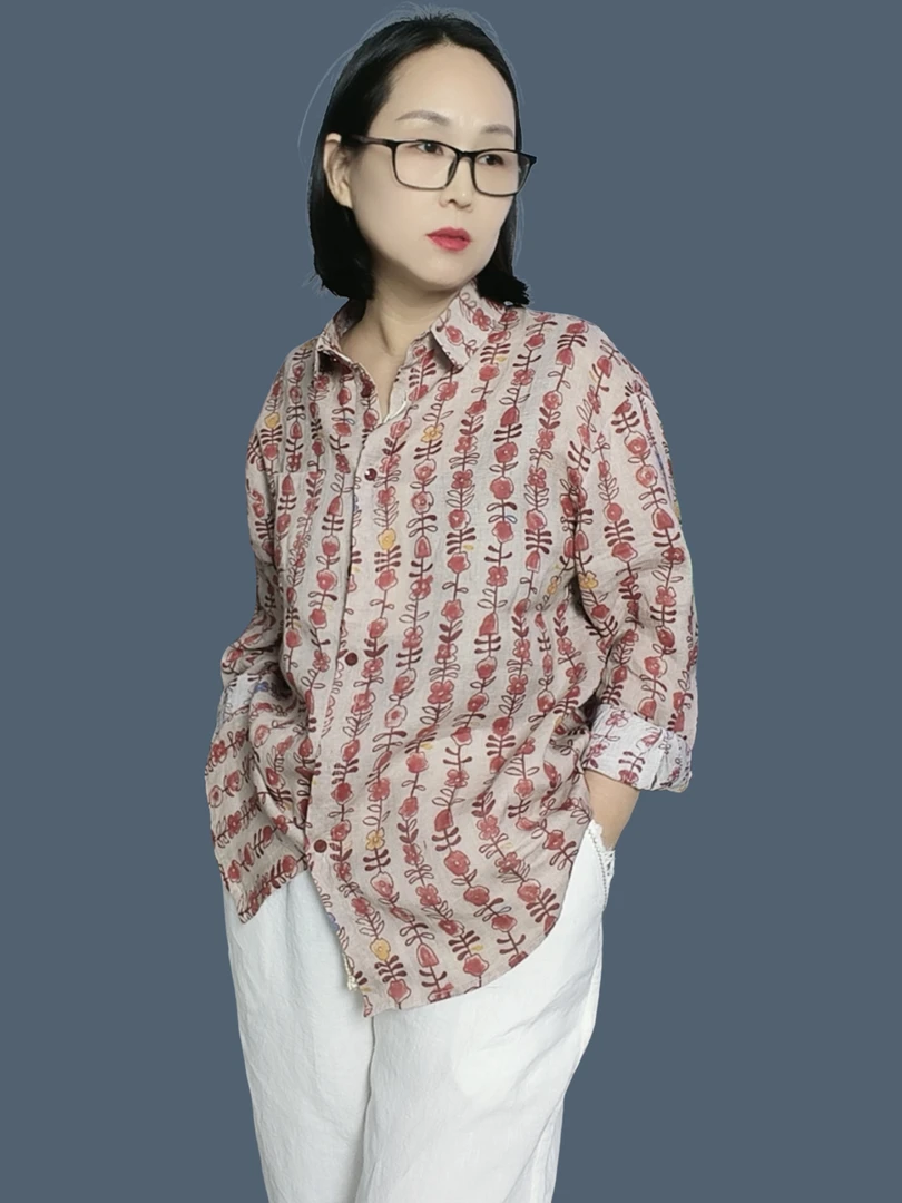 文艺印花亚麻衬衫女长袖宽松休闲翻领设计感衬衣春秋百搭