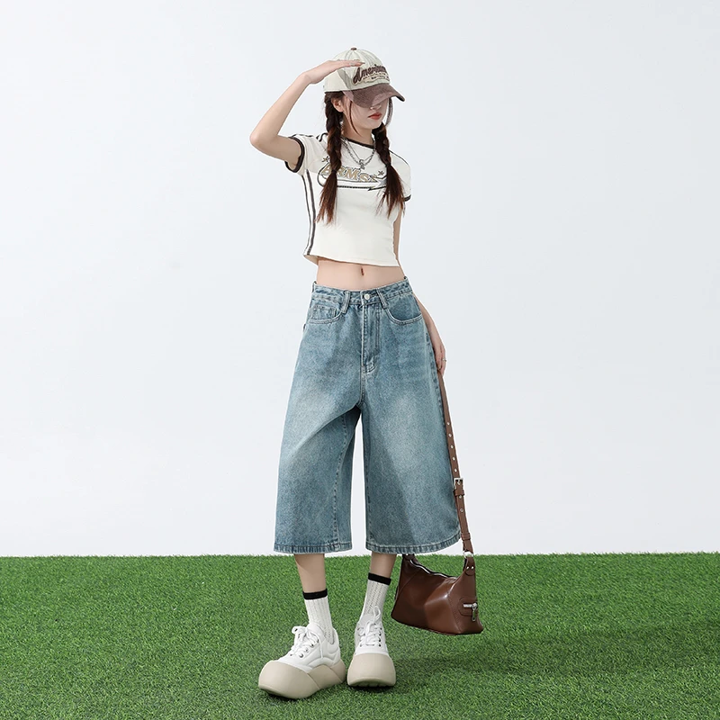 拉夏贝尔七分牛仔裤女夏季薄款小个子学生高腰宽松显瘦阔腿7分裤
