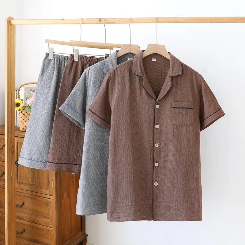 无印男士全棉新款双层纱短袖短裤套装家居服睡衣宽松大码薄款简约