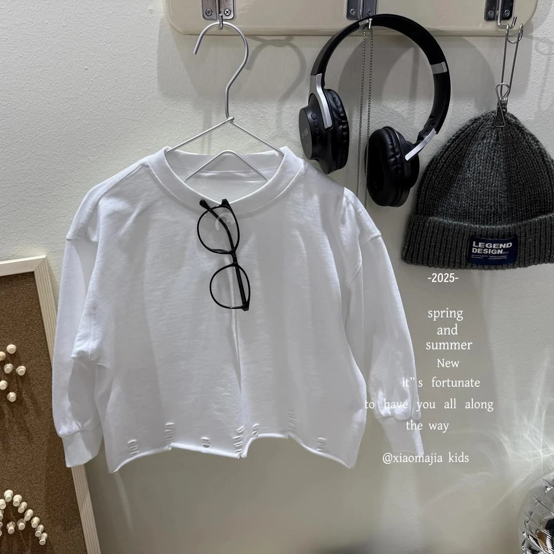 新品巴拉儿童25春季新款舒适韩版T恤中小童长袖破洞潮流帅气宽松