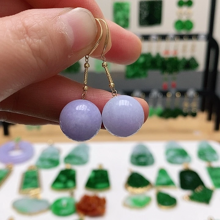 健***业翡翠18K金镶嵌耳饰挂件