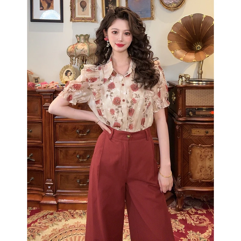 专场【一生罗曼】复古满印玫瑰印花荷叶边衬衫Y3260