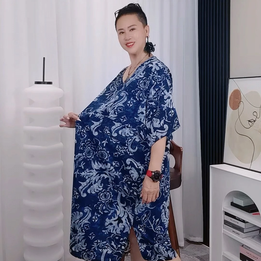 夏季新款青花瓷蓝花纹设计宽松显瘦连衣裙大码气质时尚休闲女士