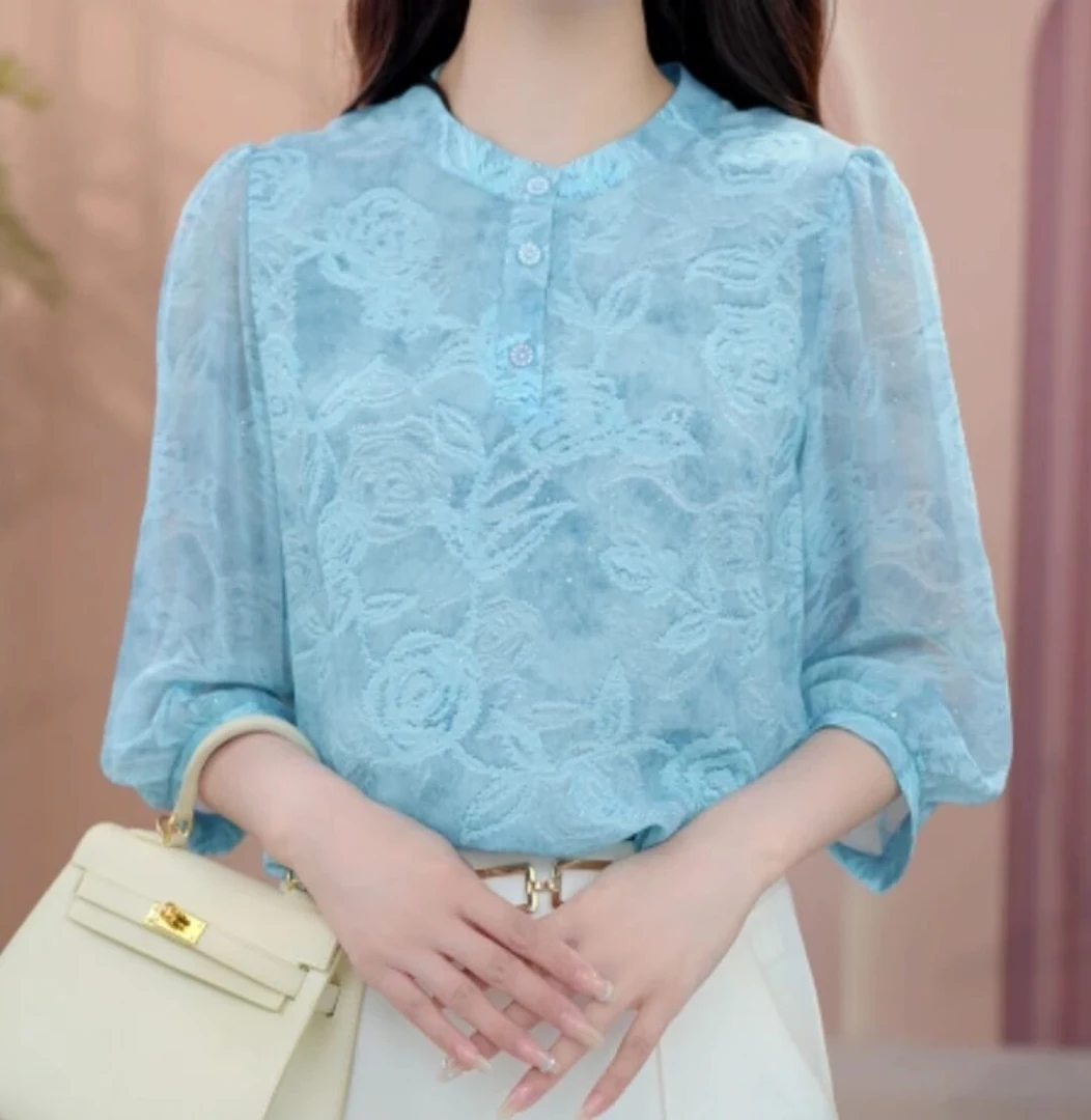 【洒银工艺】夏季薄款冰丝衬衫女中年妈妈宽松显瘦大码雪纺小衫