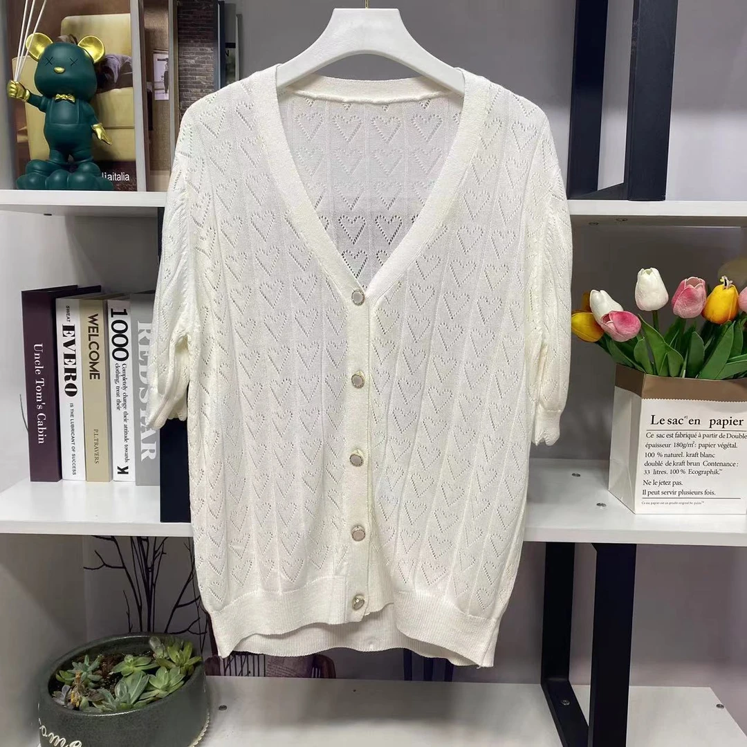 T4013【夏季新款】时尚V领白色镂空爱心单排扣开衫