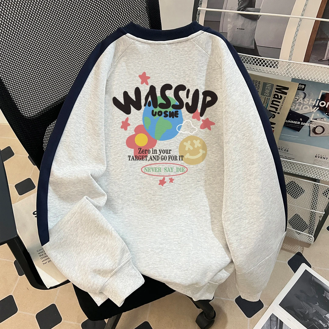 WASSUP UOSNE美式oversize条纹卫衣男冬季加绒加厚宽松长袖上衣潮