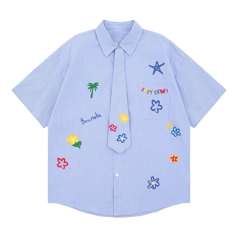 美式复古花朵涂鸦格子短袖衬衫女夏季宽松设计感小众领带衬衣外套