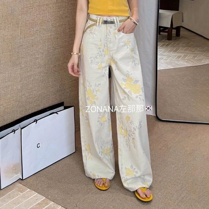 7175 夏季清新简约印花复古洋气阔腿牛仔裤配腰带显瘦长裤