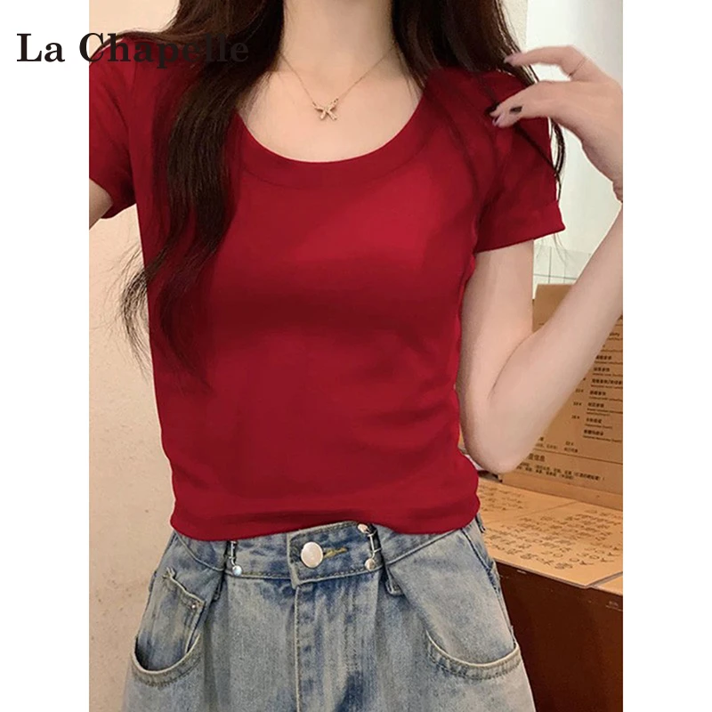 拉夏贝尔红色正肩短袖t恤女夏季2025新款修身圆领纯欲慵懒风女装
