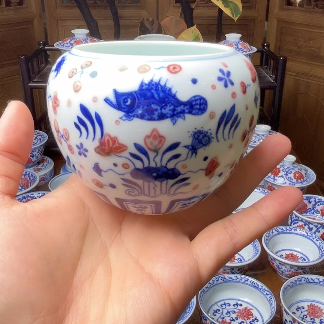 青花釉里红鱼藻水洗活动款