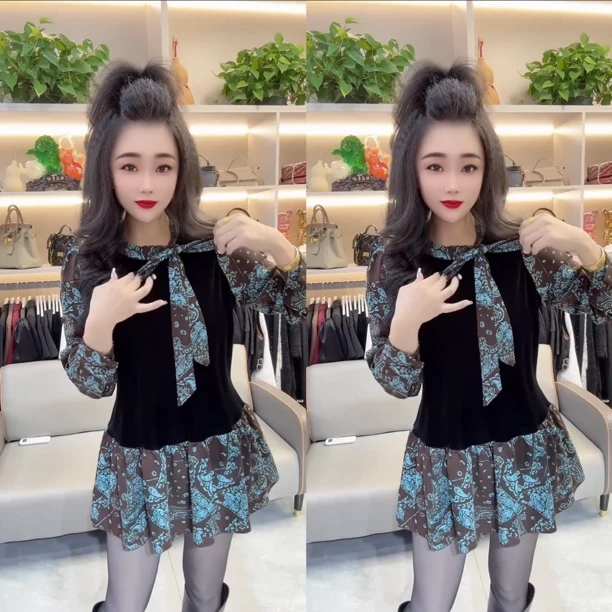 碎花长袖拼接蝴蝶结领口丝绒衫宽松显瘦假两件衬衫T恤上衣春新女