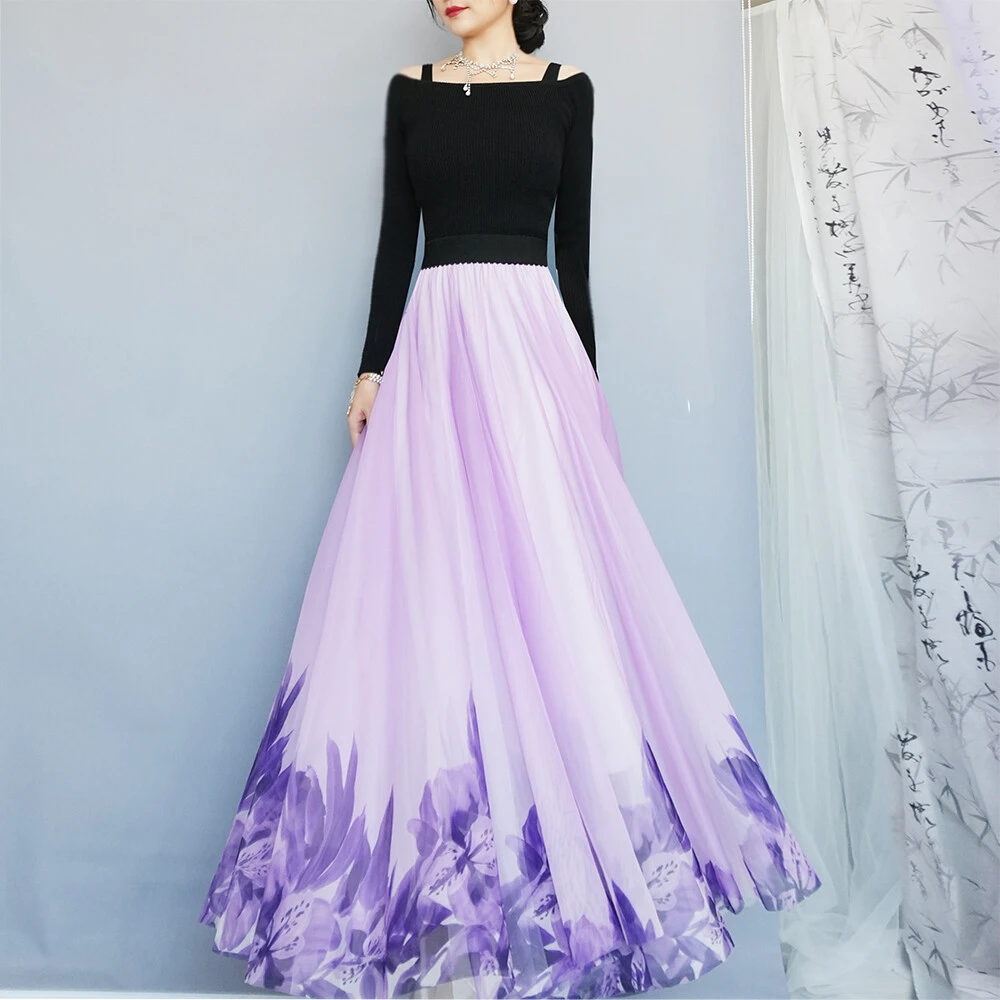 焕小沫720度大摆渐变浅紫印花甜美新疆舞显瘦大码长款网纱半身裙