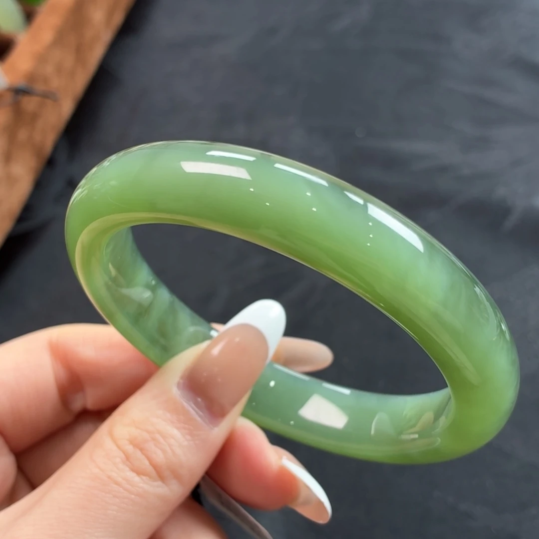 和田玉未镶嵌手镯冰底猫眼碧玉正装33