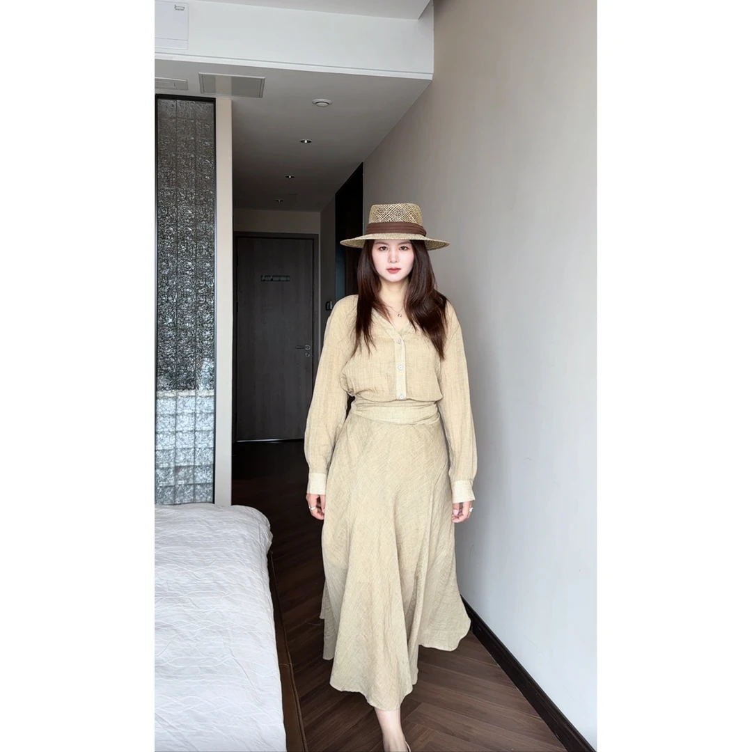 2025夏季爆款法式复古套装V领宽松高级长袖衬衫轻奢气质显瘦女装