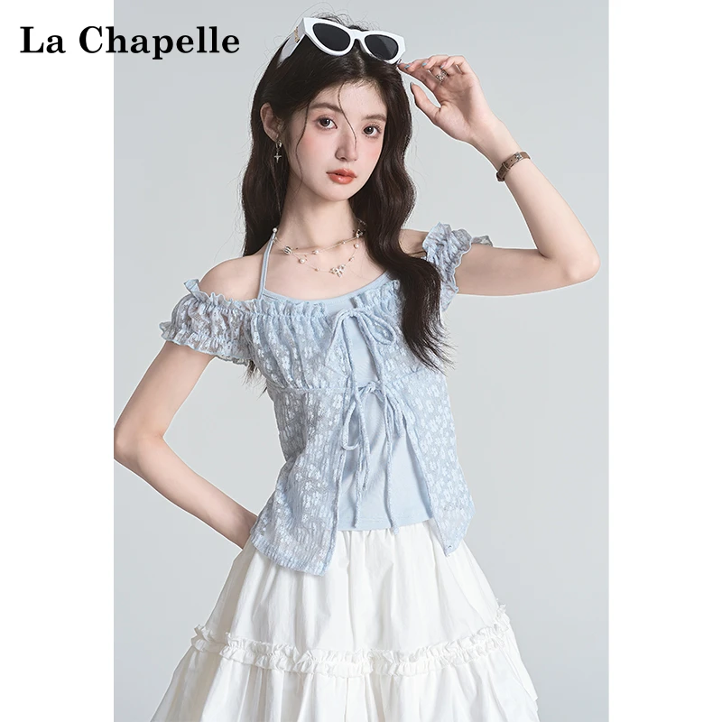 拉夏贝尔夏装纯欲甜辣短款假两件蕾丝T恤系绳木耳边挂脖短袖上衣