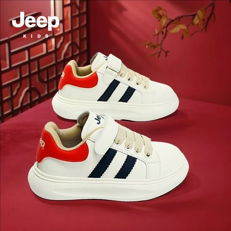 jeep休闲童鞋男童中国红2025新款秋冬透气儿童运动鞋女童红色板鞋
