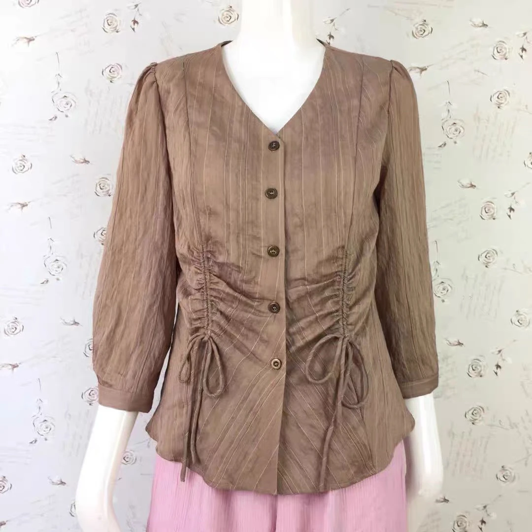 法式褶皱V领长袖显瘦抽绳衬衫A11212