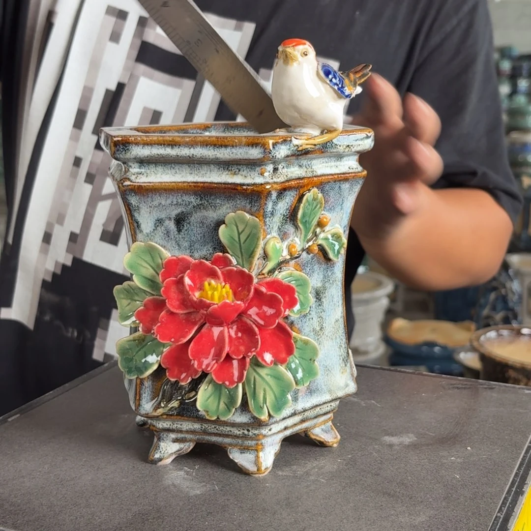 。一风堂石湾花盆 羽毛微瑕 内10*15