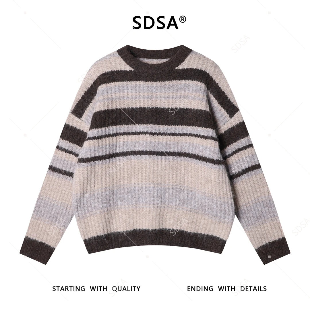 SDSA男士秋冬新款痞帅男装复古时候撞色条纹圆领针织衫毛衣慵懒风