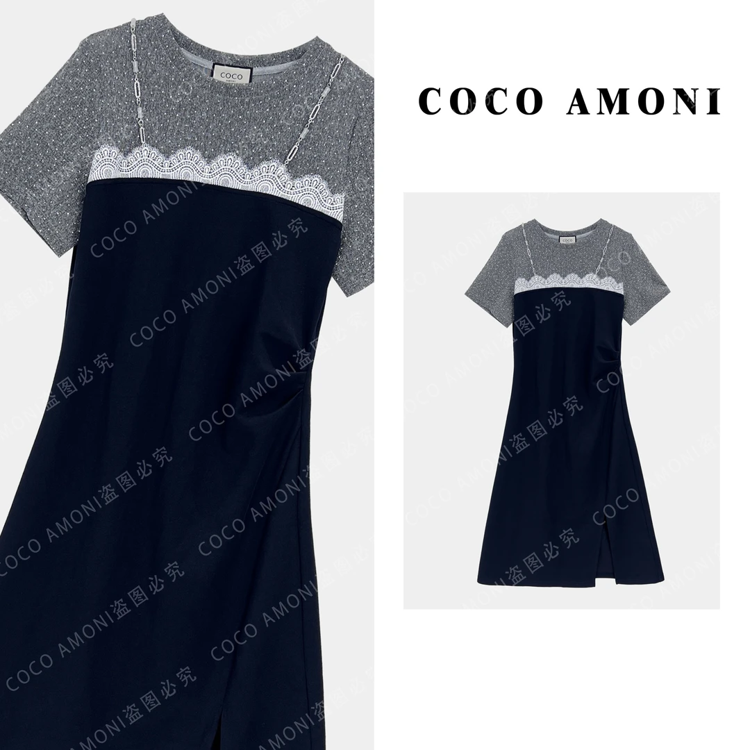 夏季轻奢新款带钻设计感时尚女拼接褶皱收腰显瘦气质连衣裙ZC371