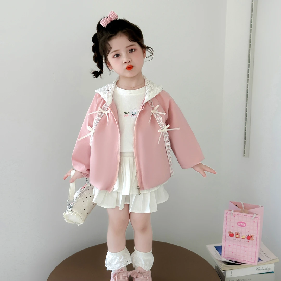 女童外套秋季2025新款儿童蕾丝连帽夹克衫洋气宝宝春秋休闲冲锋衣