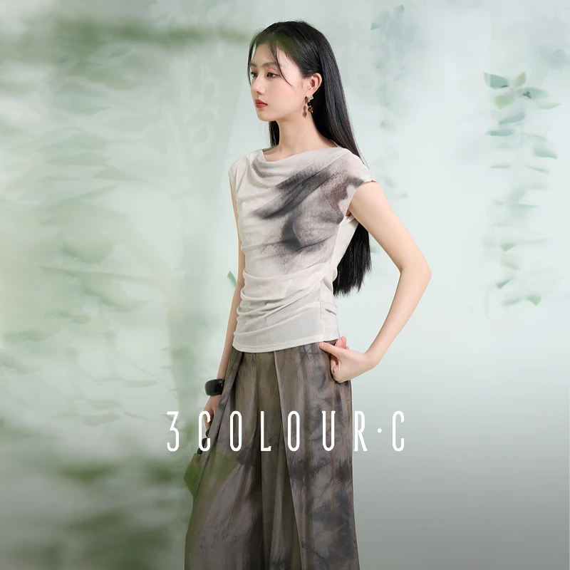三彩【轻烟漠漠】2025夏季新款新中式水墨晕染网纱T恤短袖修身女C