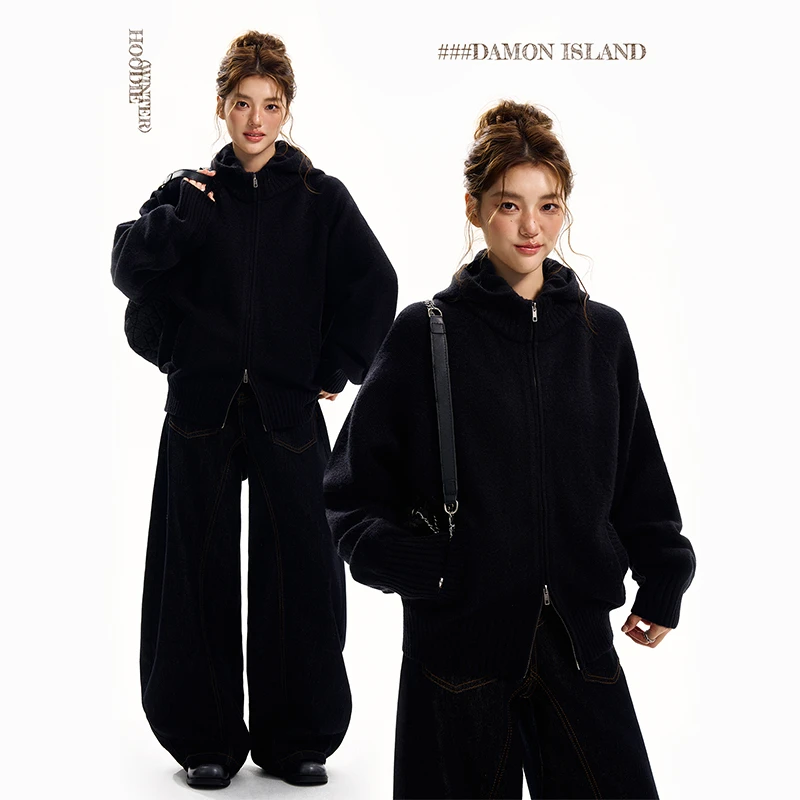 达蒙岛美式简约拉链开衫连帽毛衣外套女设计感慵懒情侣针织衫外套