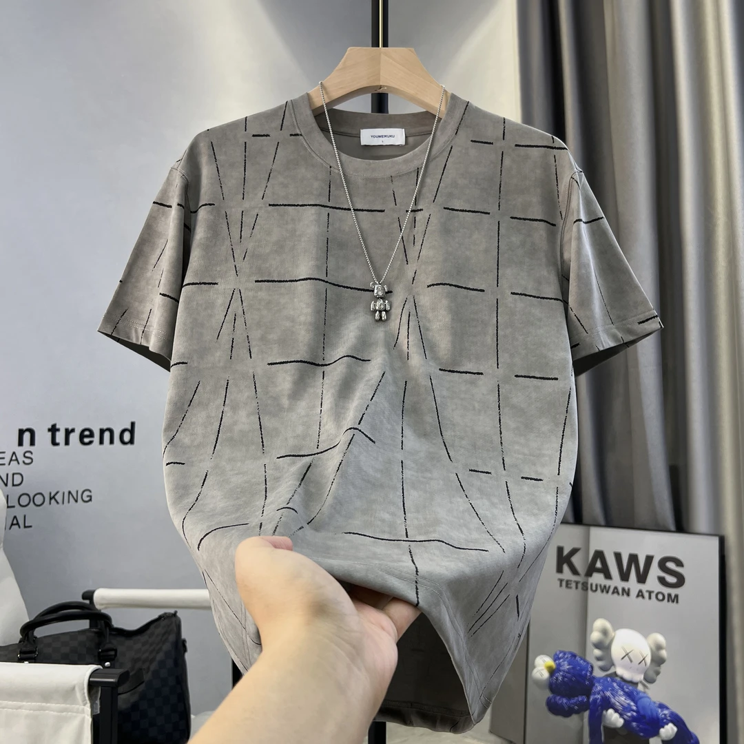 男士夏季精致格子印花短袖男潮流青年修身透气扎染圆领T恤【5617】