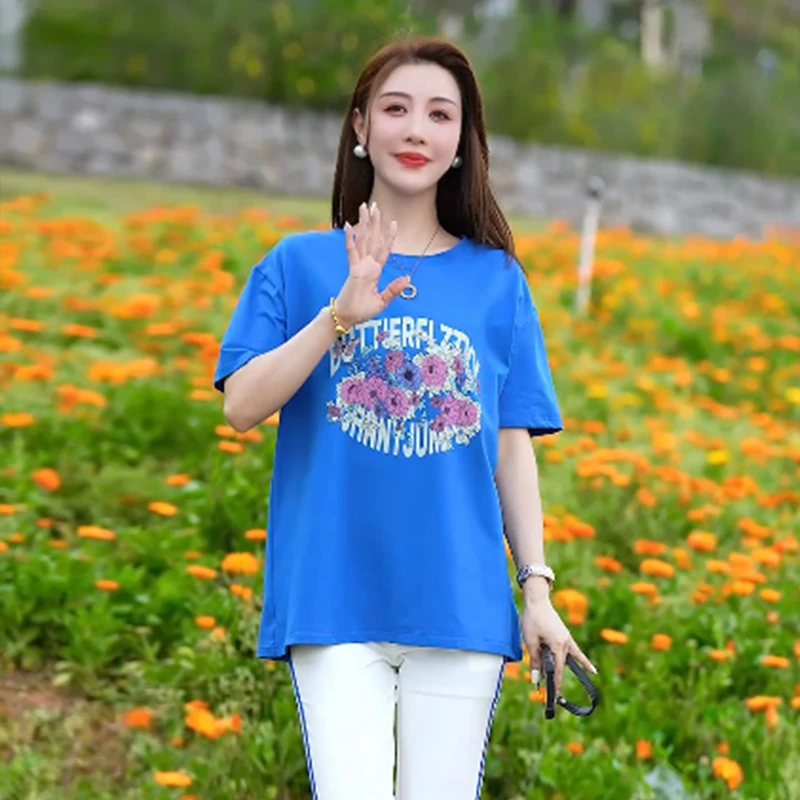 2025年夏季新款设计感时尚印花短袖T恤女减龄2025显瘦遮肚子上衣