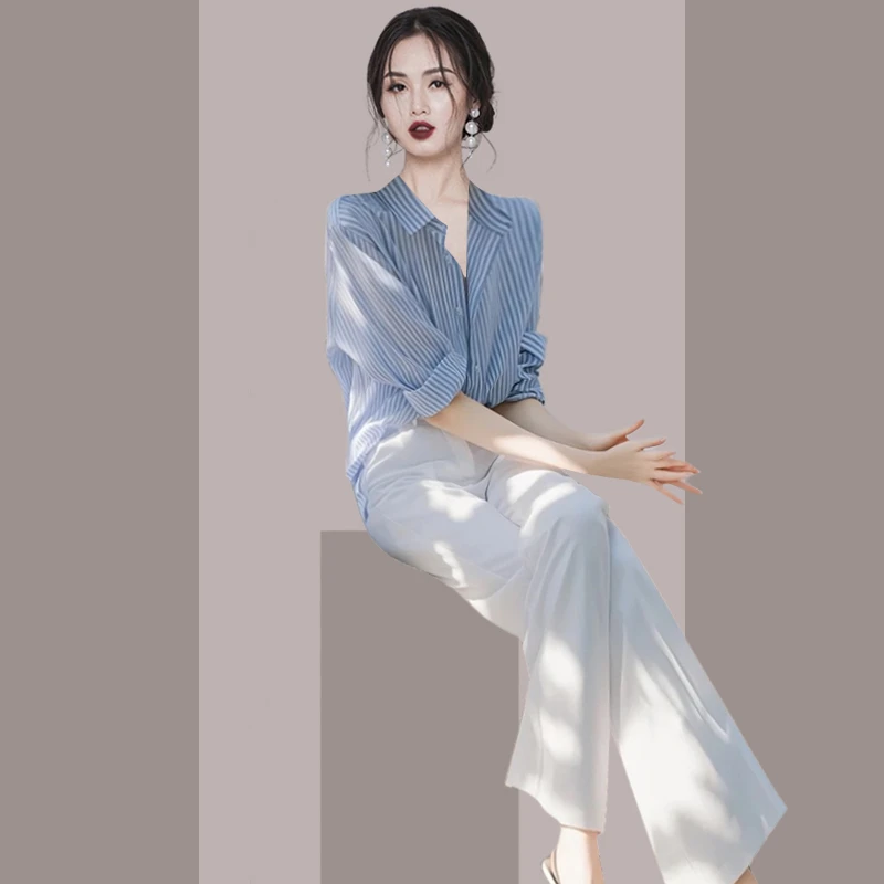 盐系时尚套装条纹长袖衬衫裤子2025春季新款两件套
