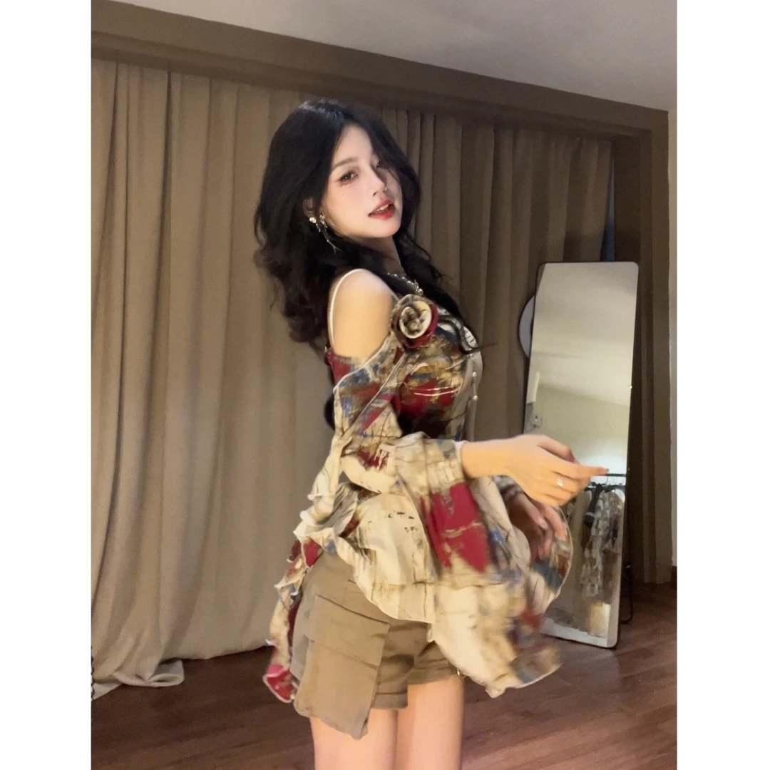 【no退no换】油画艺术生 长袖上衣夏秋显瘦设计感不规则上衣套装