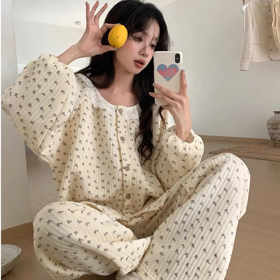 空气棉睡衣女款秋冬长袖加厚夹棉碎花甜美蕾丝花边家居服套装长袖