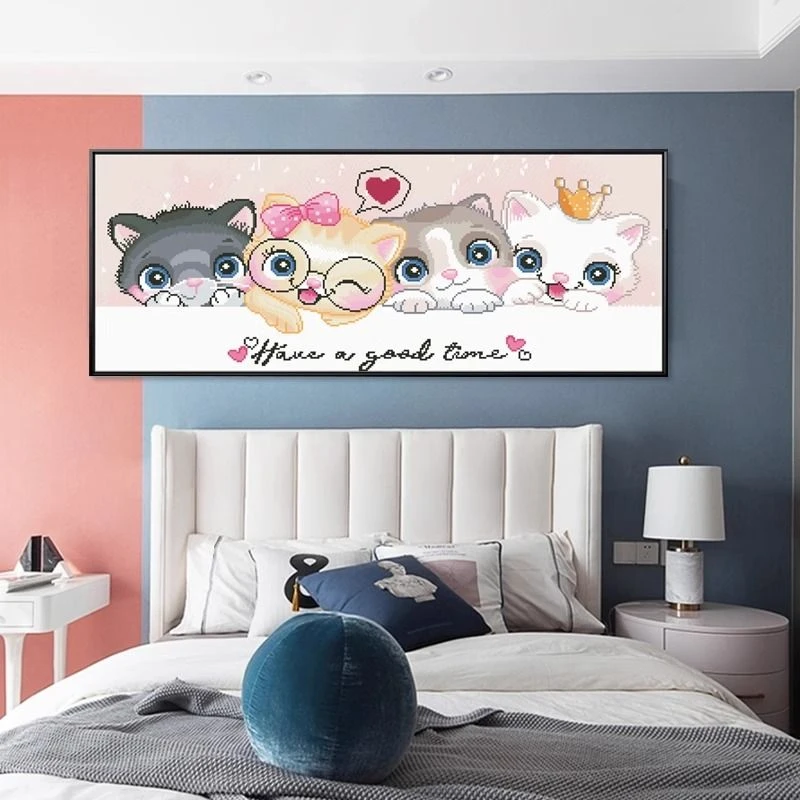 96大纯手工绣好十字绣成品2011四小喵咪卧室挂画