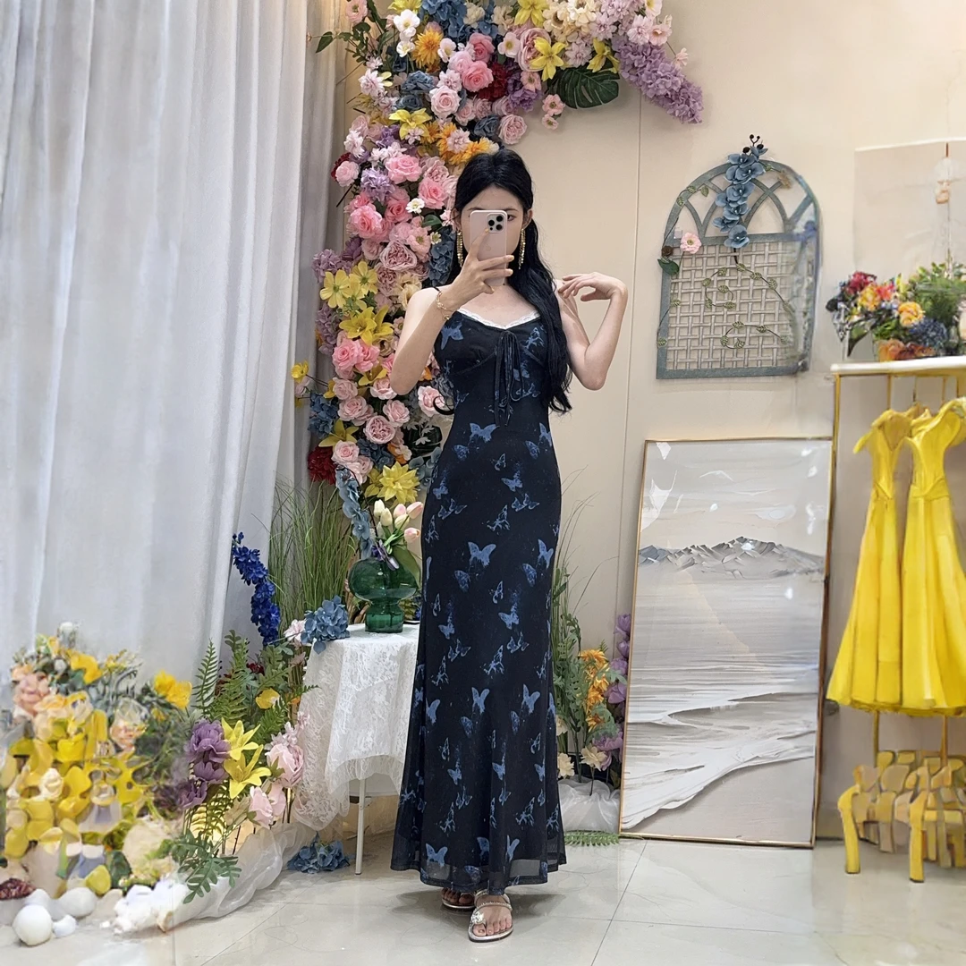 夏季新款吊带修身显瘦纯欲风蕾丝时尚抽绳款轻奢吊带连衣裙