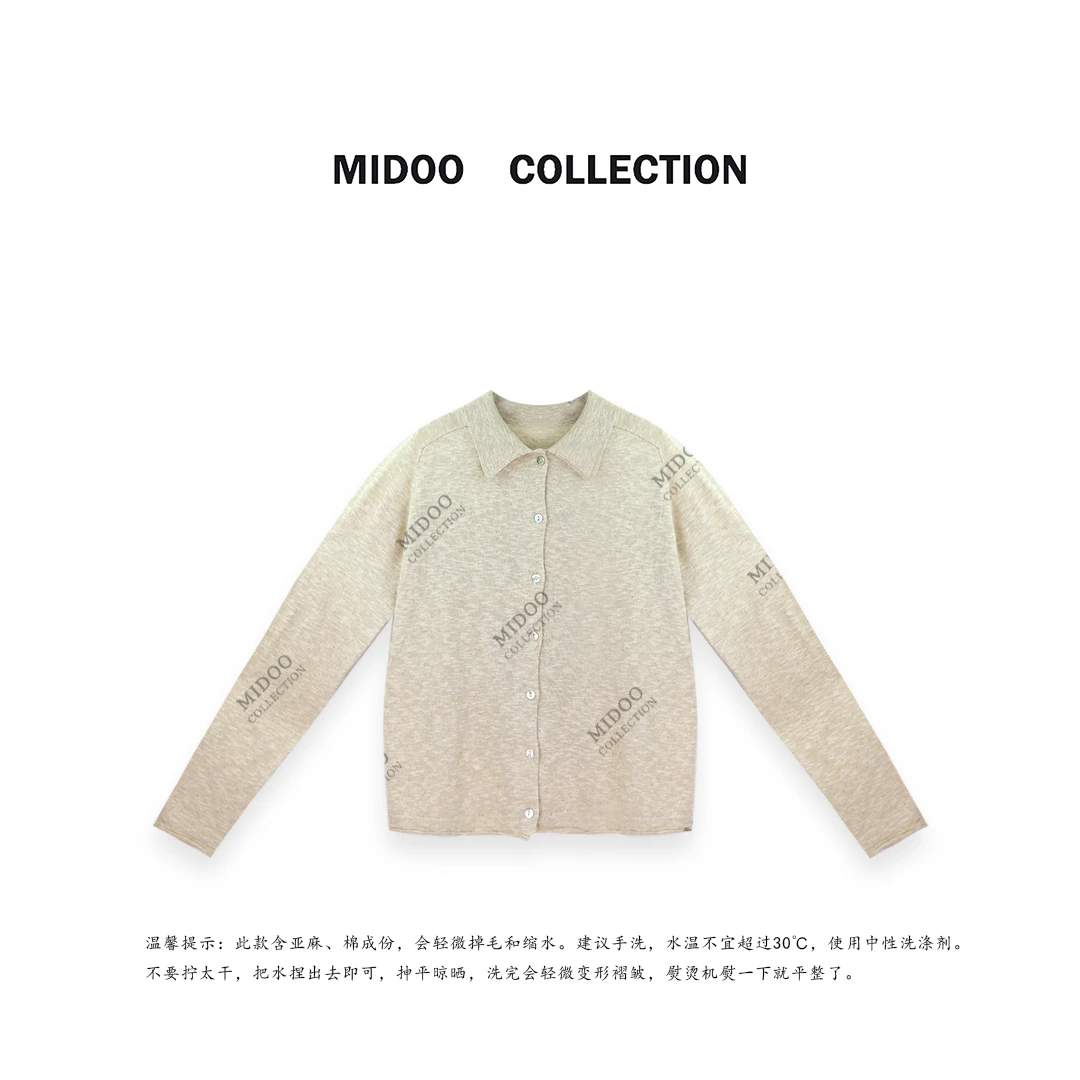 MIDOO ‘特定进口亚麻’花纱感翻领排扣针织上衣