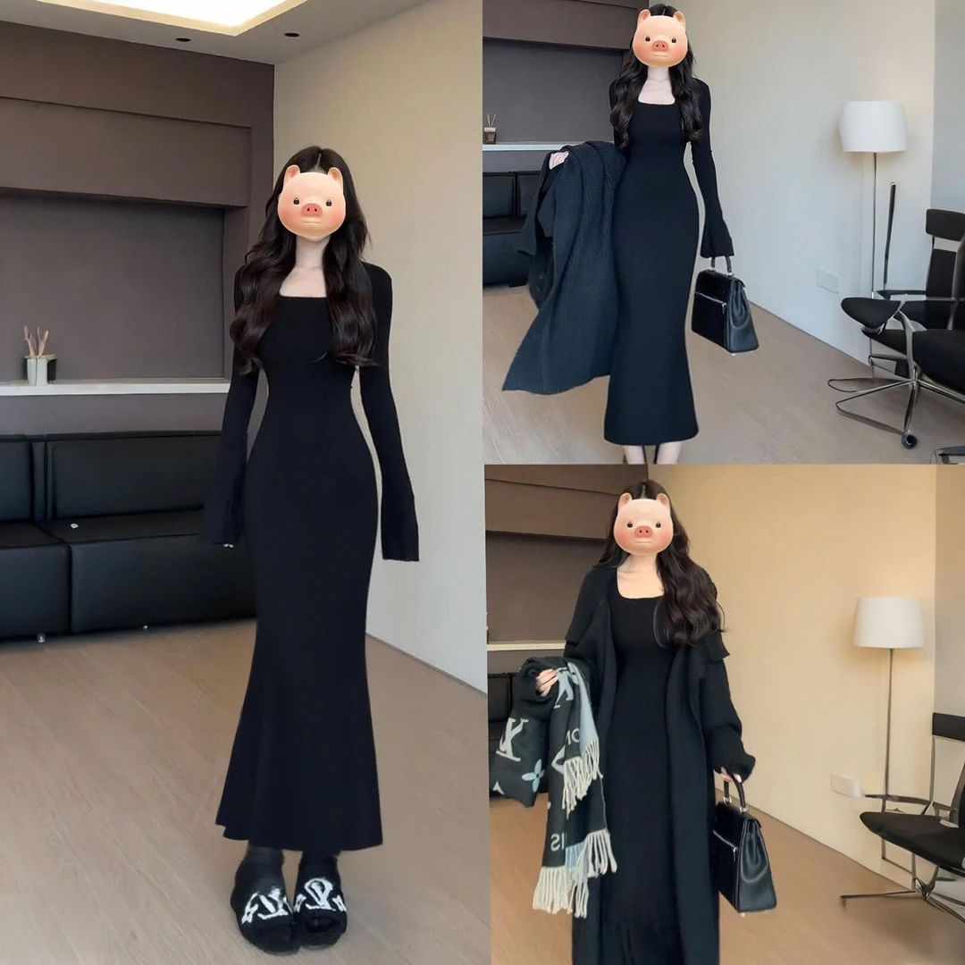 黑色步步生莲鱼尾连衣裙子女大衣内搭秋冬季针织修身包臀长裙打底
