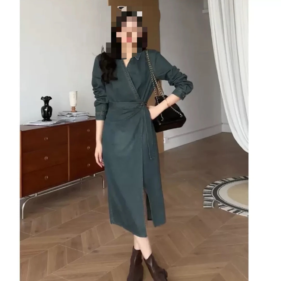 大码法式气质翻领牛仔连衣裙女秋季新款高级感收腰显瘦开叉9280