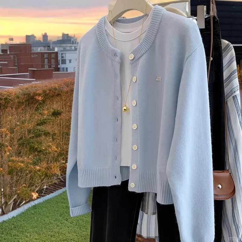 蓝色短款毛衣针织开衫2025秋冬新款高级感慵懒风宽松休闲ins上衣