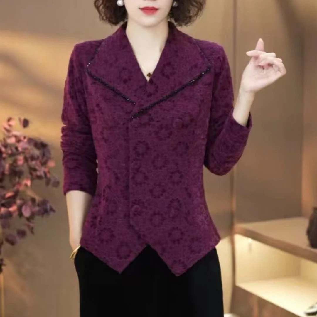2025冬季新款加绒加厚蕾丝气质百搭V领长袖显瘦开衫妈妈装上衣