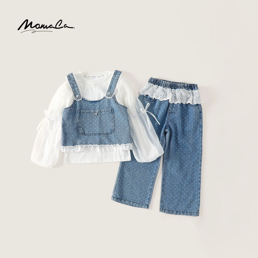 MOMOCO春秋季欧若风女童时尚牛仔花边套装77580578003