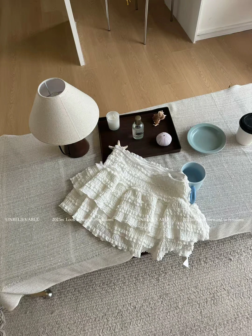 白色高腰显瘦短款蕾丝a字芭蕾风少女夏季半身蛋糕蓬蓬裙