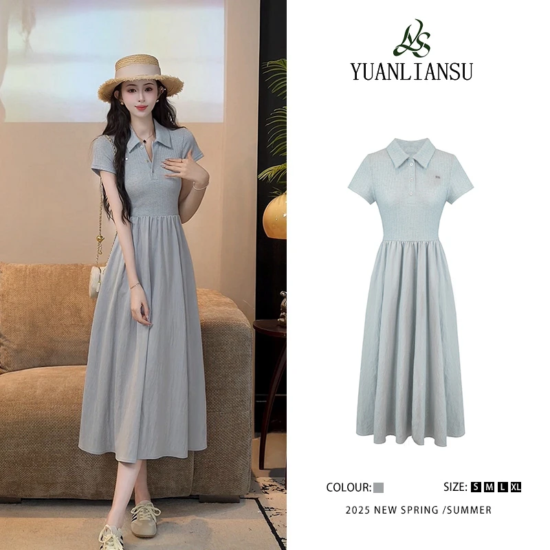 YUANLIANSU/圆脸酥【千寻暮色】夏季气质设计感独特蓝色短袖连衣裙
