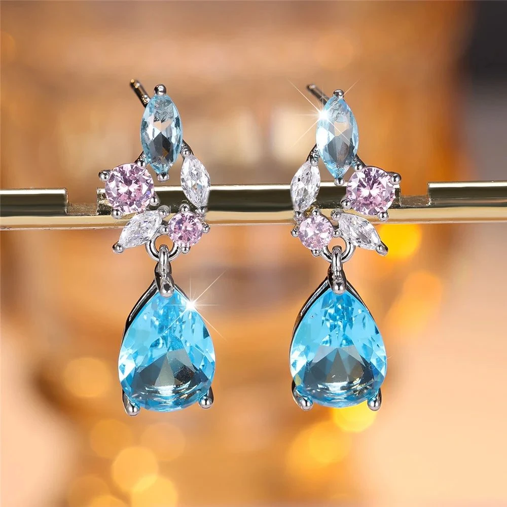 铜合金锆石耳饰 原创设计师款 水滴海蓝马眼耳钉77号