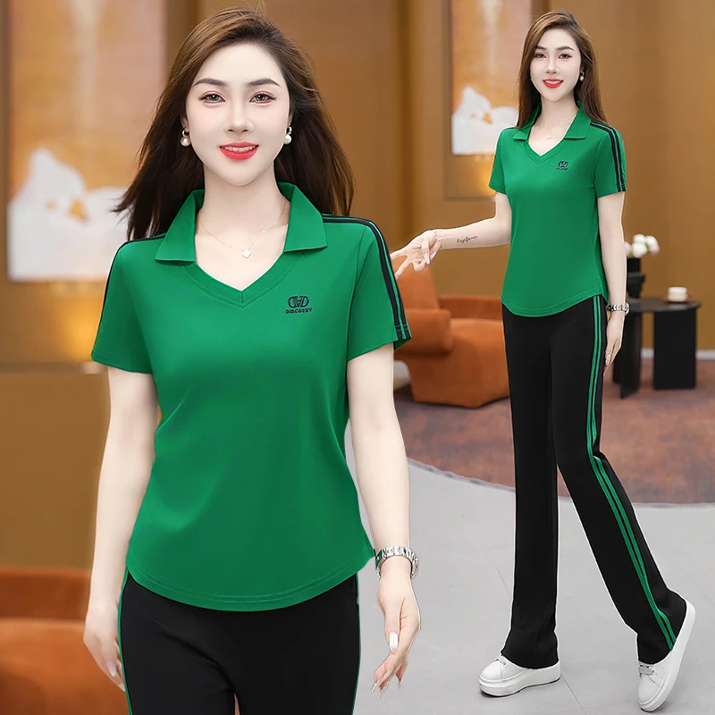 夏天跑步运动套装女小个子翻领洋气减龄短袖长裤休闲两件套冰丝薄