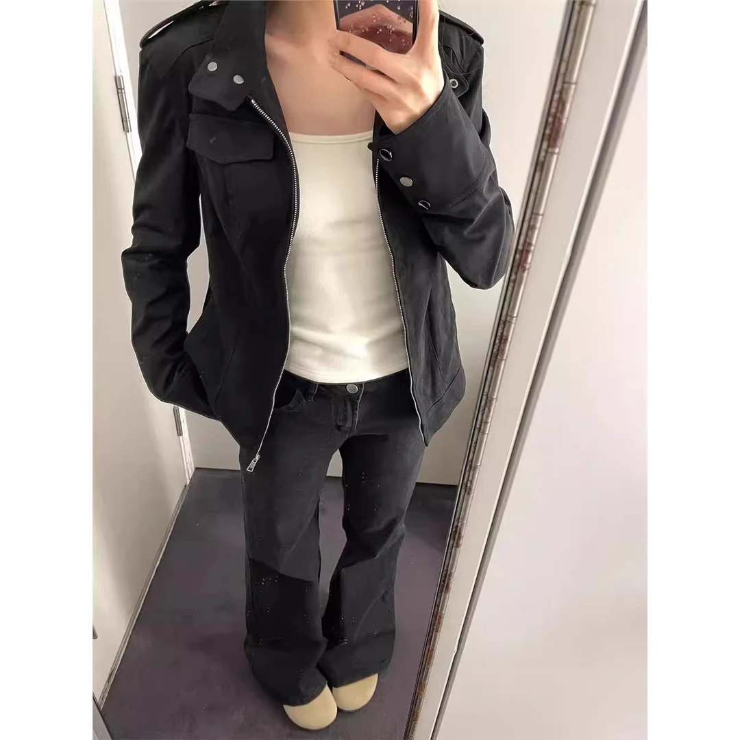 春秋季美式复古黑色麂皮绒短款外套女新款高级感修身机车夹克上衣