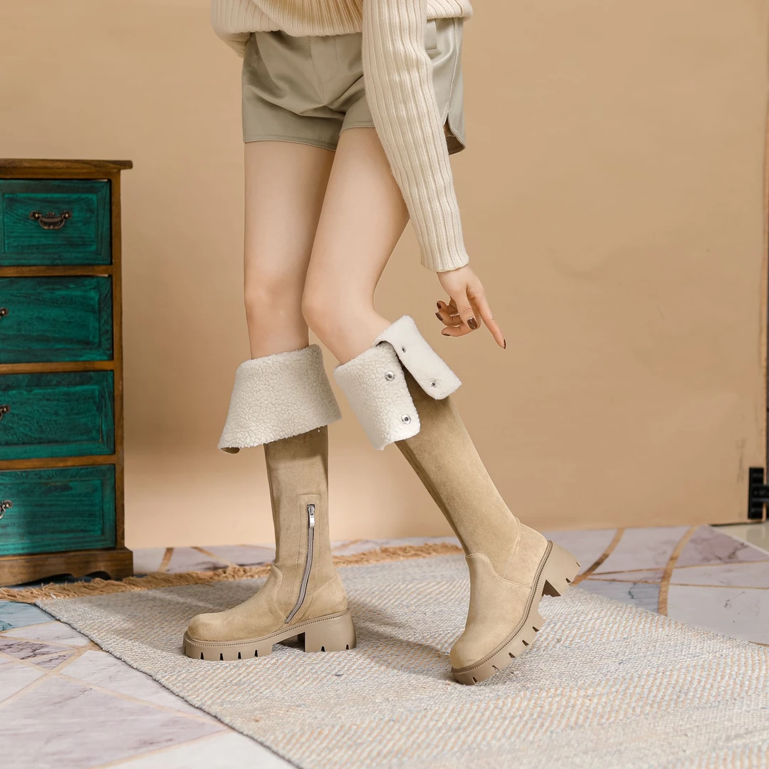 羊羔毛过膝雪地靴保暖长筒靴厚底高筒靴粗跟加绒长靴翻折两穿靴子