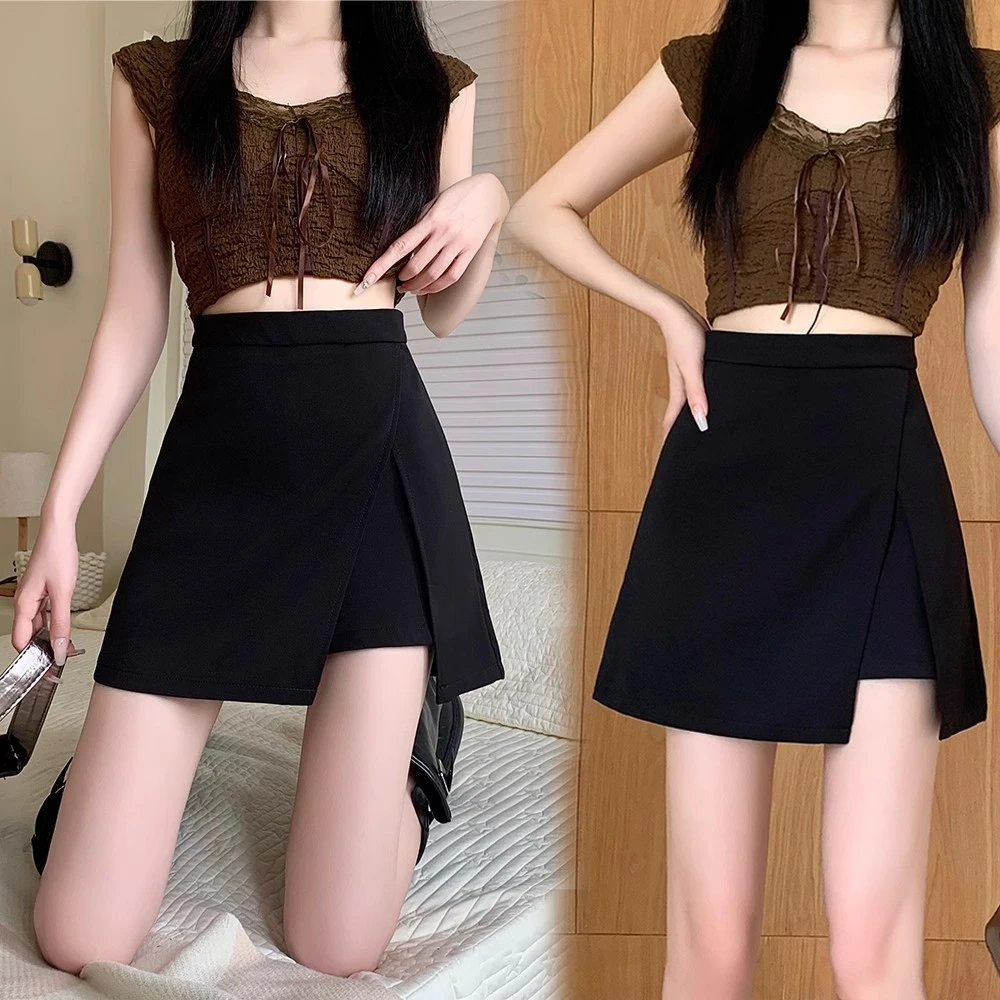 【爆款】黑色开叉短裙女夏季薄款高腰显瘦胖mma字防走光休闲西装半